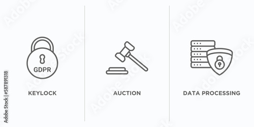 gdpr outline icons set. thin line icons such as keylock, auction, data processing vector. linear icon sheet can be used web and mobile