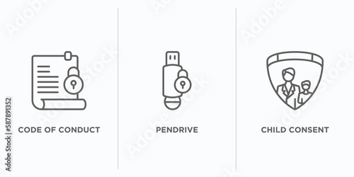 gdpr outline icons set. thin line icons such as code of conduct, pendrive, child consent vector. linear icon sheet can be used web and mobile