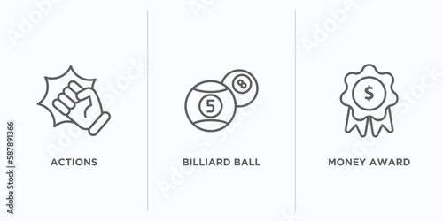 gaming outline icons set. thin line icons such as actions, billiard ball, money award vector. linear icon sheet can be used web and mobile