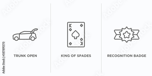 gaming outline icons set. thin line icons such as trunk open, king of spades, recognition badge vector. linear icon sheet can be used web and mobile