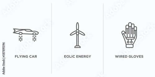 future technology outline icons set. thin line icons such as flying car, eolic energy, wired gloves vector. linear icon sheet can be used web and mobile