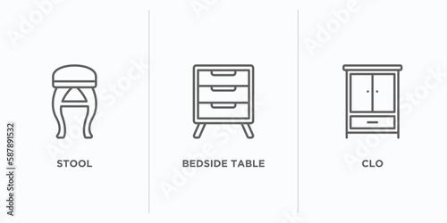 furniture outline icons set. thin line icons such as stool, bedside table, clo vector. linear icon sheet can be used web and mobile