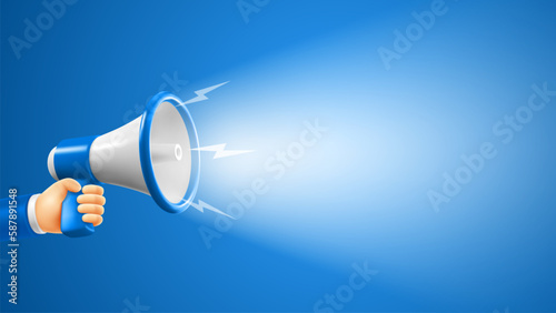 Hand with megaphone speaker on blue background. Banner template with conceptual design for advertising of sale, discounts, digital marketing etc. Vector 3d realistic illustration