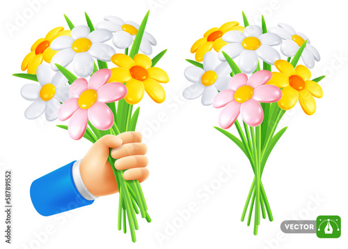 Male hand holds bouquet of daisies. And cute bouquet separately in the set. Isolated on white background. Vector 3d realistic illustration