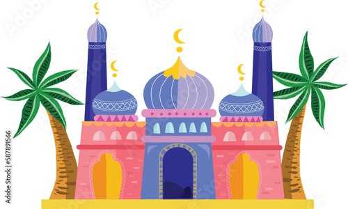 beautiful mosque with palm tree vector illustration. modern mosque. ramadhan kareem. eid mubarak vector illustration