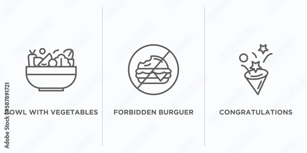food outline icons set. thin line icons such as bowl with vegetables, forbidden burguer, congratulations vector. linear icon sheet can be used web and mobile