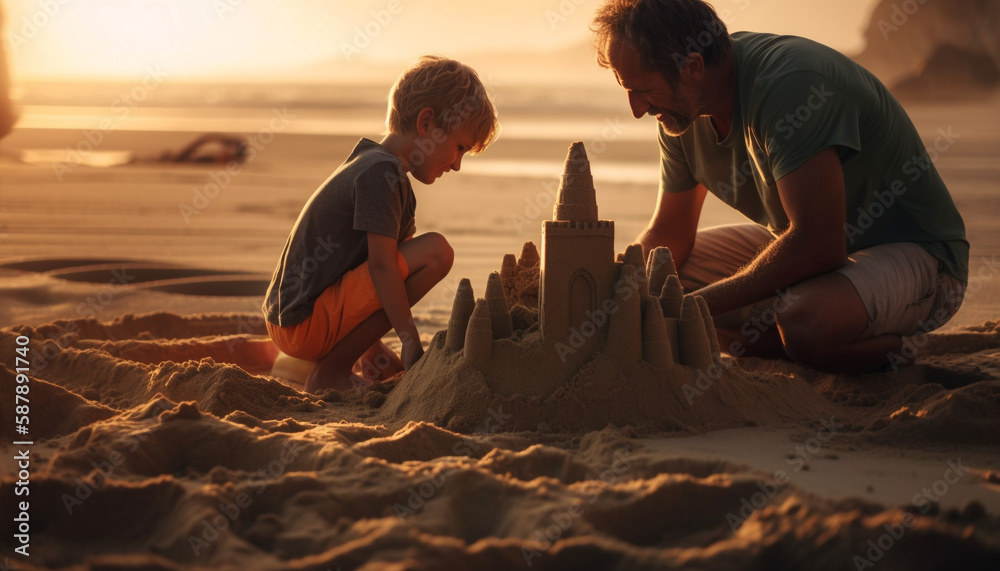 Father and son share laughter building sandcastles generated by AI - obrazy, fototapety, plakaty 