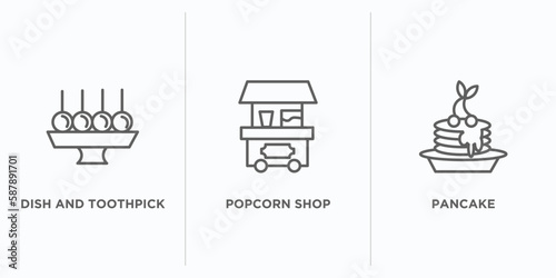 food outline icons set. thin line icons such as dish and toothpick, popcorn shop, pancake vector. linear icon sheet can be used web and mobile