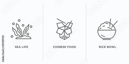 food outline icons set. thin line icons such as sea life, chinese food, rice bowl vector. linear icon sheet can be used web and mobile