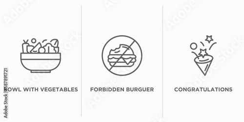 food outline icons set. thin line icons such as bowl with vegetables, forbidden burguer, congratulations vector. linear icon sheet can be used web and mobile