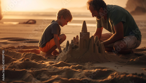 Father and son share laughter building sandcastles generated by AI