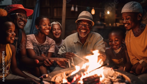 Cheerful families bonding by a bonfire outdoors generated by AI