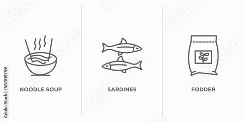 food outline icons set. thin line icons such as noodle soup, sardines, fodder vector. linear icon sheet can be used web and mobile