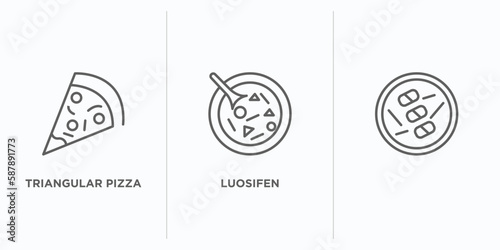 food outline icons set. thin line icons such as triangular pizza slice, luosifen, vector. linear icon sheet can be used web and mobile