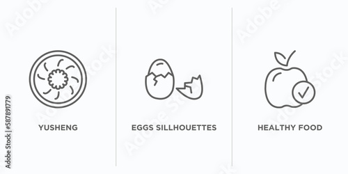 food outline icons set. thin line icons such as yusheng, eggs sillhouettes, healthy food vector. linear icon sheet can be used web and mobile