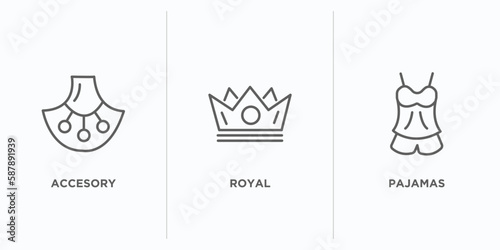fashion outline icons set. thin line icons such as accesory, royal, pajamas vector. linear icon sheet can be used web and mobile photo