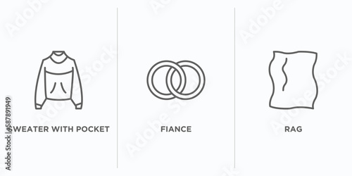 fashion outline icons set. thin line icons such as sweater with pocket, fiance, rag vector. linear icon sheet can be used web and mobile