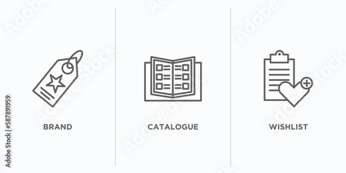 fashion and commerce outline icons set. thin line icons such as brand, catalogue, wishlist vector. linear icon sheet can be used web and mobile