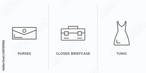 fashion outline icons set. thin line icons such as purses, closed briefcase, tunic vector. linear icon sheet can be used web and mobile
