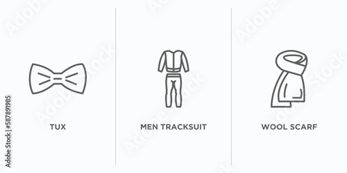 fashion outline icons set. thin line icons such as tux, men tracksuit, wool scarf vector. linear icon sheet can be used web and mobile