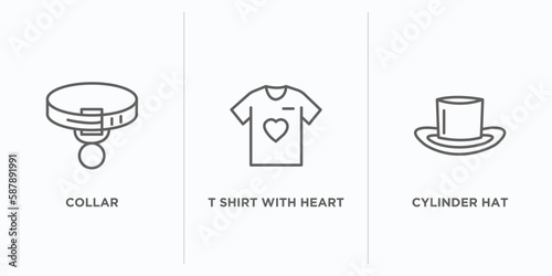 fashion outline icons set. thin line icons such as collar, t shirt with heart, cylinder hat vector. linear icon sheet can be used web and mobile
