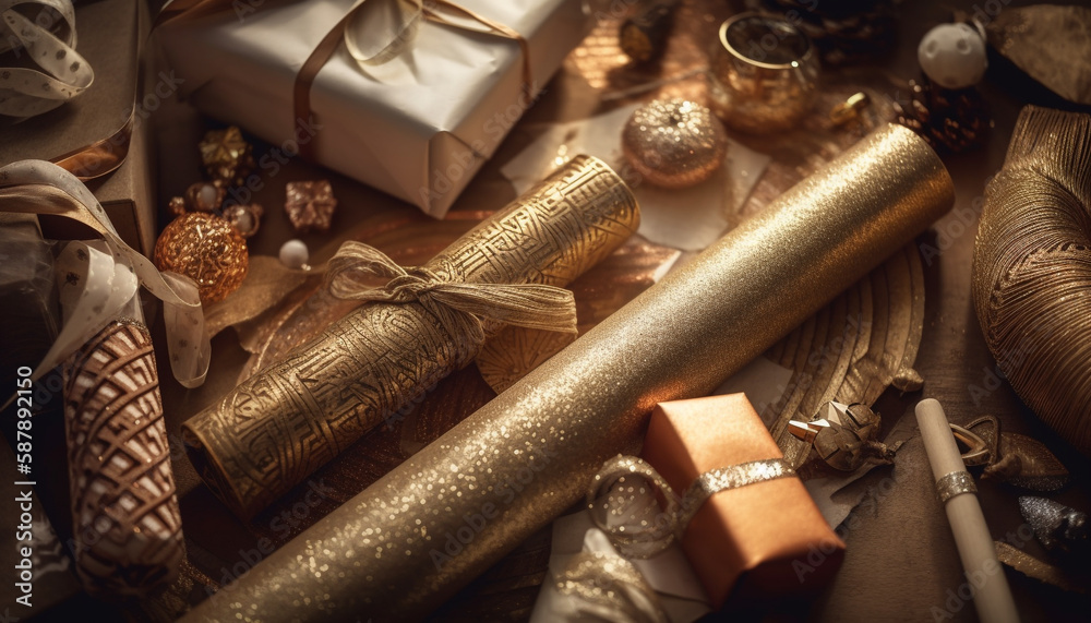 Shiny golden package wrapped in festive paper generated by AI