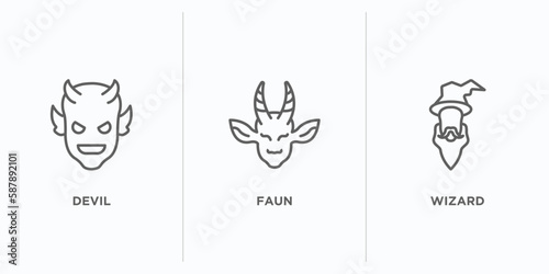 fairy tale outline icons set. thin line icons such as devil, faun, wizard vector. linear icon sheet can be used web and mobile
