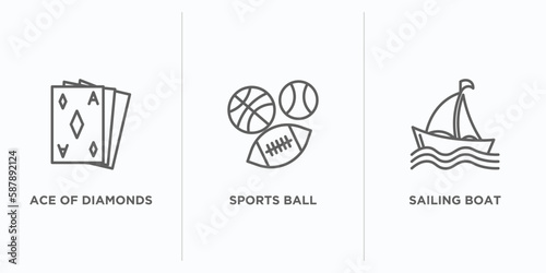 arcade outline icons set. thin line icons such as ace of diamonds, sports ball, sailing boat vector. linear icon sheet can be used web and mobile