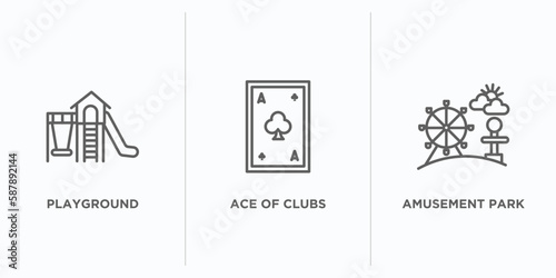 arcade outline icons set. thin line icons such as playground, ace of clubs, amusement park vector. linear icon sheet can be used web and mobile