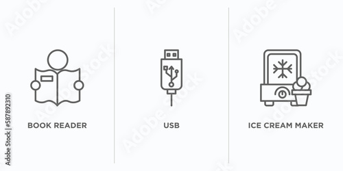 electronic devices outline icons set. thin line icons such as book reader, usb, ice cream maker vector. linear icon sheet can be used web and mobile