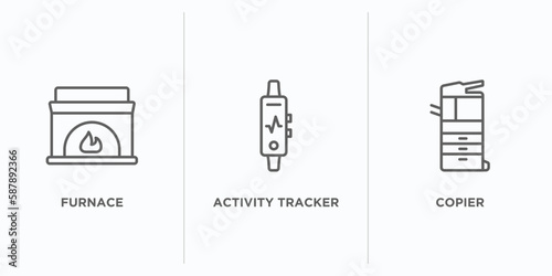 electronic devices outline icons set. thin line icons such as furnace, activity tracker, copier vector. linear icon sheet can be used web and mobile