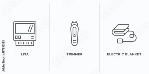 electronic devices outline icons set. thin line icons such as lisa, trimmer, electric blanket vector. linear icon sheet can be used web and mobile
