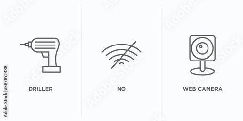 electrian connections outline icons set. thin line icons such as driller, no, web camera vector. linear icon sheet can be used web and mobile