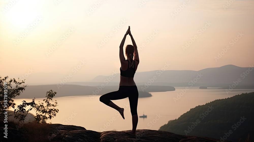 Young girl doing yoga posture at lake. Generative AI