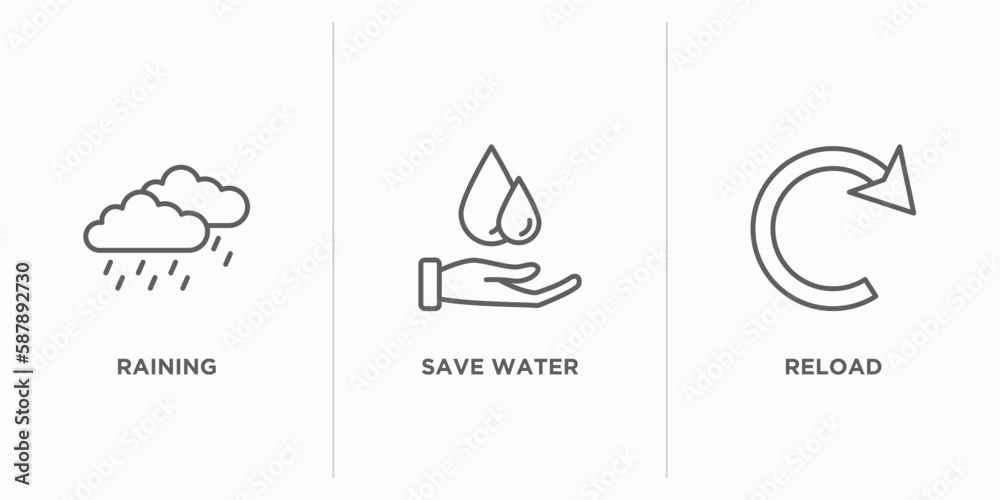 ecology outline icons set. thin line icons such as raining, save water, reload vector. linear icon sheet can be used web and mobile ecology outline icons set. thin line icons such as raining, save water, reload vector. linear icon sheet can be used web and mobile