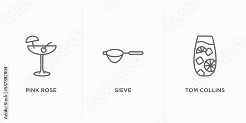 drinks outline icons set. thin line icons such as pink rose, sieve, tom collins vector. linear icon sheet can be used web and mobile
