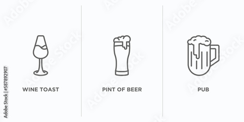 drinks outline icons set. thin line icons such as wine toast, pint of beer, pub vector. linear icon sheet can be used web and mobile