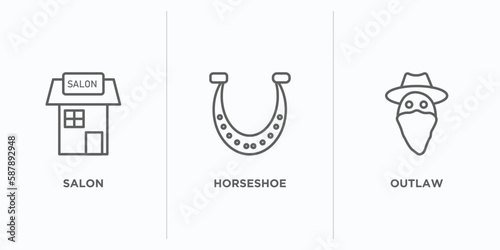 desert outline icons set. thin line icons such as salon, horseshoe, outlaw vector. linear icon sheet can be used web and mobile