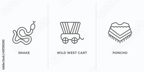 desert outline icons set. thin line icons such as snake, wild west cart, poncho vector. linear icon sheet can be used web and mobile