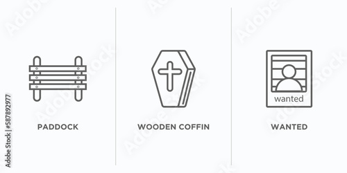 desert outline icons set. thin line icons such as paddock, wooden coffin, wanted vector. linear icon sheet can be used web and mobile