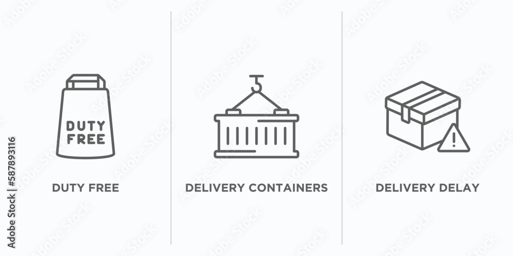 delivery and logistic outline icons set. thin line icons such as duty free, delivery containers, delivery delay vector. linear icon sheet can be used web and mobile