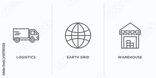 delivery and logistic outline icons set. thin line icons such as logistics, earth grid, warehouse vector. linear icon sheet can be used web and mobile