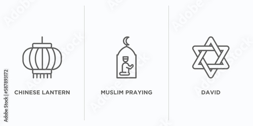cultures outline icons set. thin line icons such as chinese lantern, muslim praying, david vector. linear icon sheet can be used web and mobile