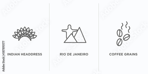culture outline icons set. thin line icons such as indian headdress, rio de janeiro, coffee grains vector. linear icon sheet can be used web and mobile