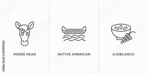 culture outline icons set. thin line icons such as horse head, native american canoe, ajoblanco vector. linear icon sheet can be used web and mobile