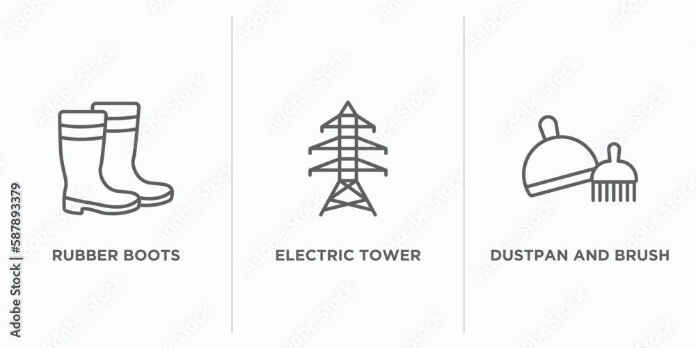 Fototapeta premium construction tools outline icons set. thin line icons such as rubber boots, electric tower, dustpan and brush vector. linear icon sheet can be used web and mobile
