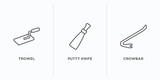construction tools outline icons set. thin line icons such as trowel, putty knife, crowbar vector. linear icon sheet can be used web and mobile
