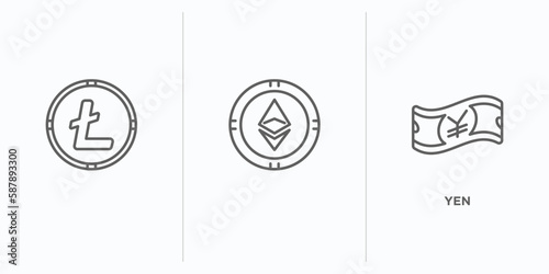 cryptocurrency outline icons set. thin line icons such as , yen vector. linear icon sheet can be used web and