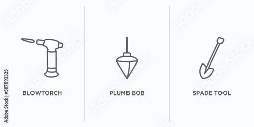 construction tools outline icons set. thin line icons such as blowtorch, plumb bob, spade tool vector. linear icon sheet can be used web and mobile