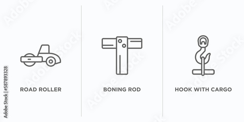 construction tools outline icons set. thin line icons such as road roller, boning rod, hook with cargo vector. linear icon sheet can be used web and mobile